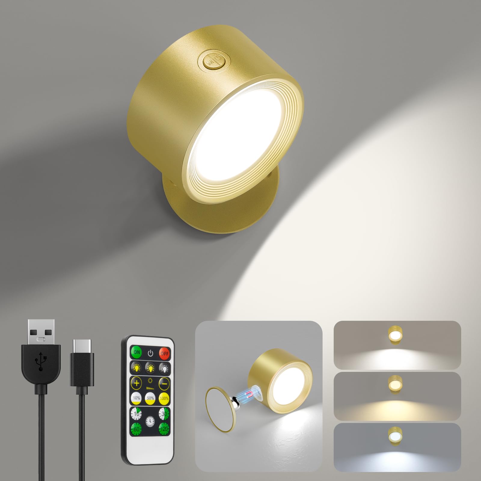 LED Wall Mounted Lights 3 Pcs with Remote, Wall Sconces Lamp 3000mAh Rechargeable Battery Operated, 3 Color Temperatures & Dimmable Magnetic 360° Rotation Cordless Light for Bedroom Bedside