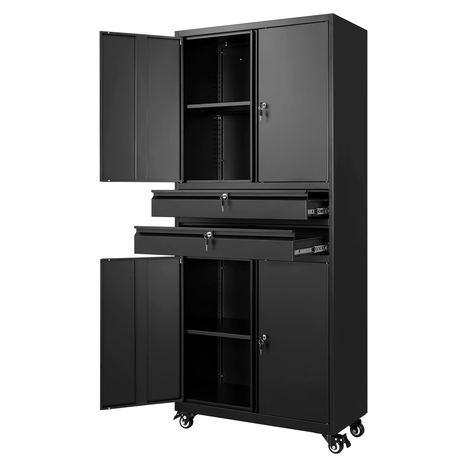 Yizosh Metal Garage Storage Cabinet with Locking Doors and Adjustable Shelves,- 73" Rolling Tool Storage Cabinet with 4 Wheels and 1 Drawer for Garage,Warehouse (Red Black)