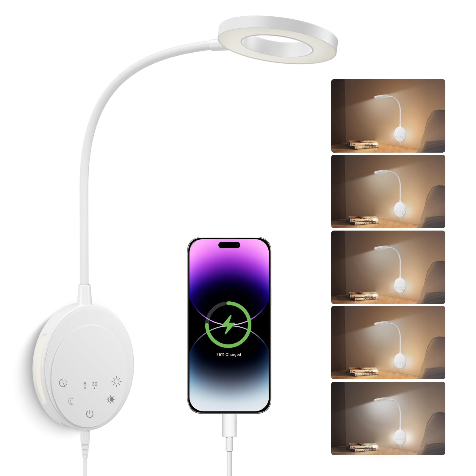 Wall Mounted Reading Light,Bedside Headboard Lights with 5 Color Temperature &5 Dimming,360°Flexible Gooseneck,USB Output, Night Light&Timer Function- Perfect for Reading (Black)