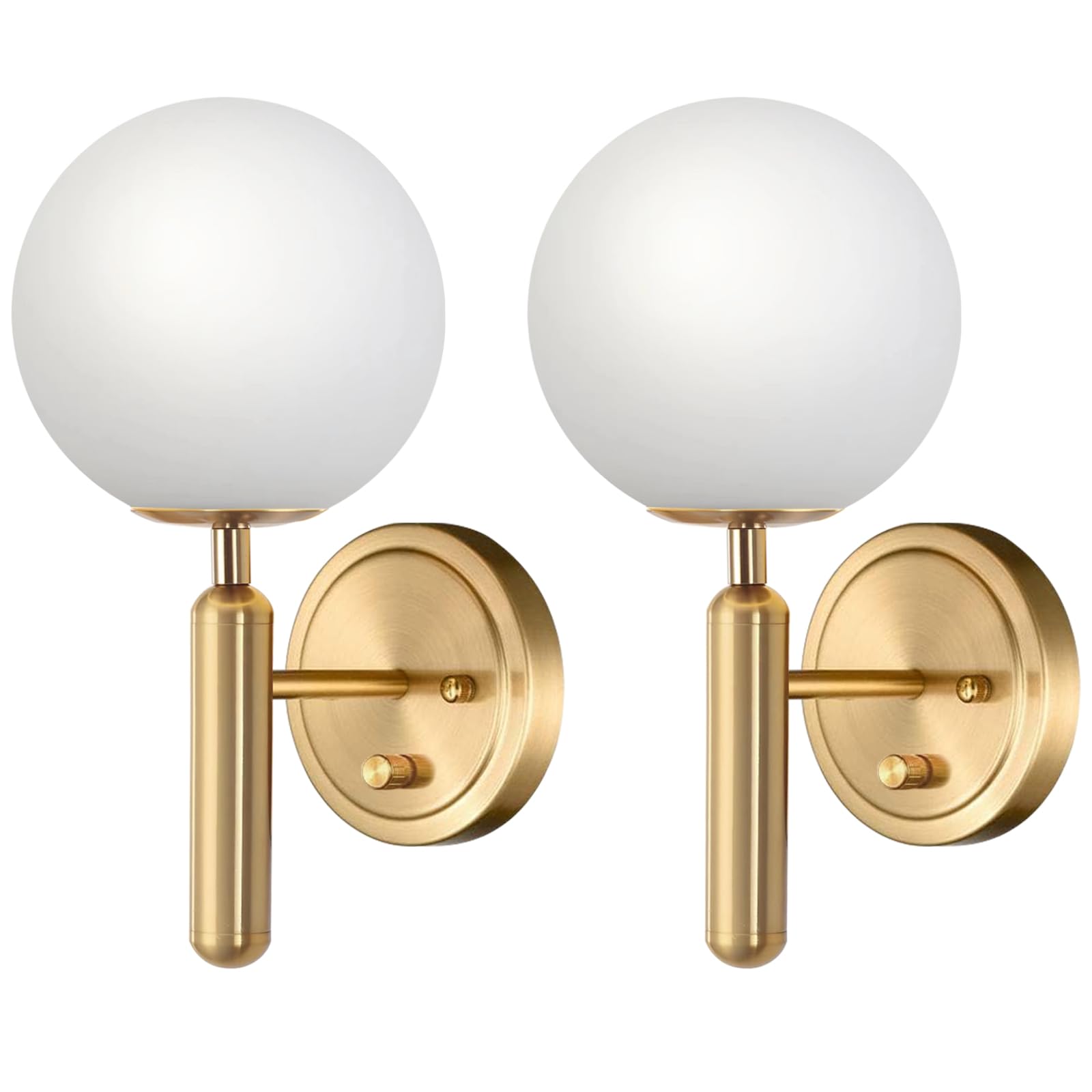 Dimmable Plug in Wall Sconces Set of 2 with Milky Glass Globe Shade, Gold Wall Light with Plug in Electric Cord Dimmer Knob Switch Mid Century Modern Vintage Wall Lamp for Bedroom Bedside Living Room