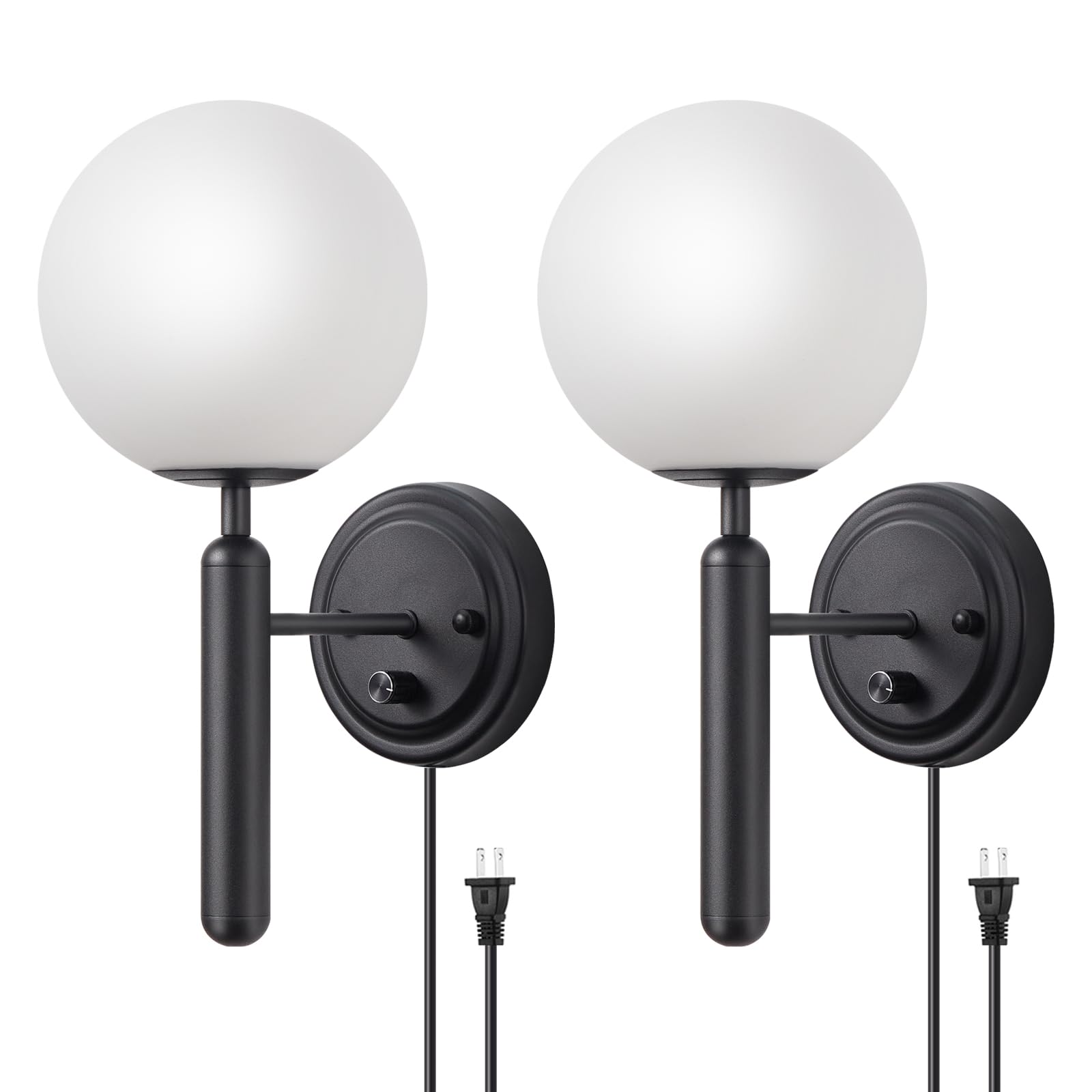 Dimmable Plug in Wall Sconces Set of 2 with Milky Glass Globe Shade, Gold Wall Light with Plug in Electric Cord Dimmer Knob Switch Mid Century Modern Vintage Wall Lamp for Bedroom Bedside Living Room