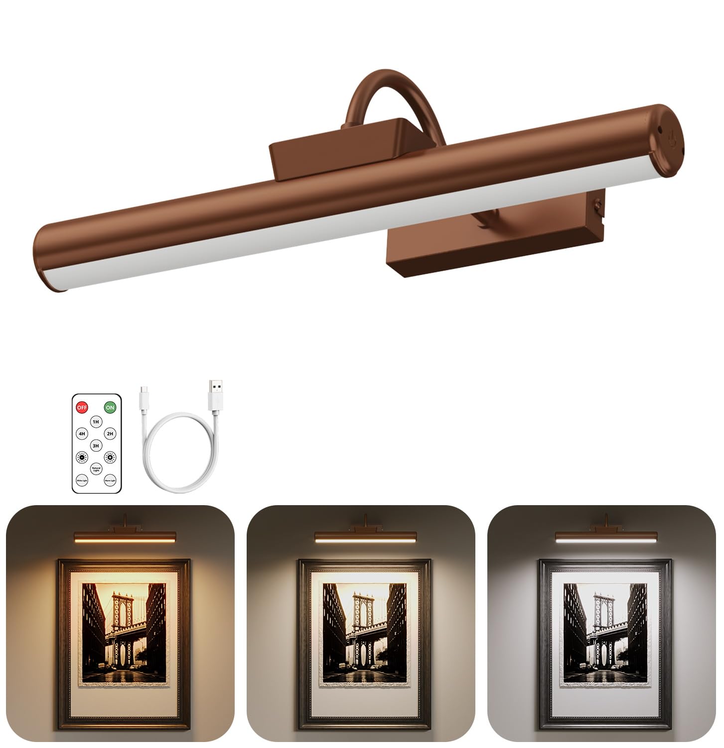 16in Wireless Picture Light with Remote, Battery Operated Picture Lights for Wall 5000mAh, 3 Color Modes and Dimmable LED Art Lighting with Timer for Painting, Frame, Gallery, Bedroom (Black-2Pack)