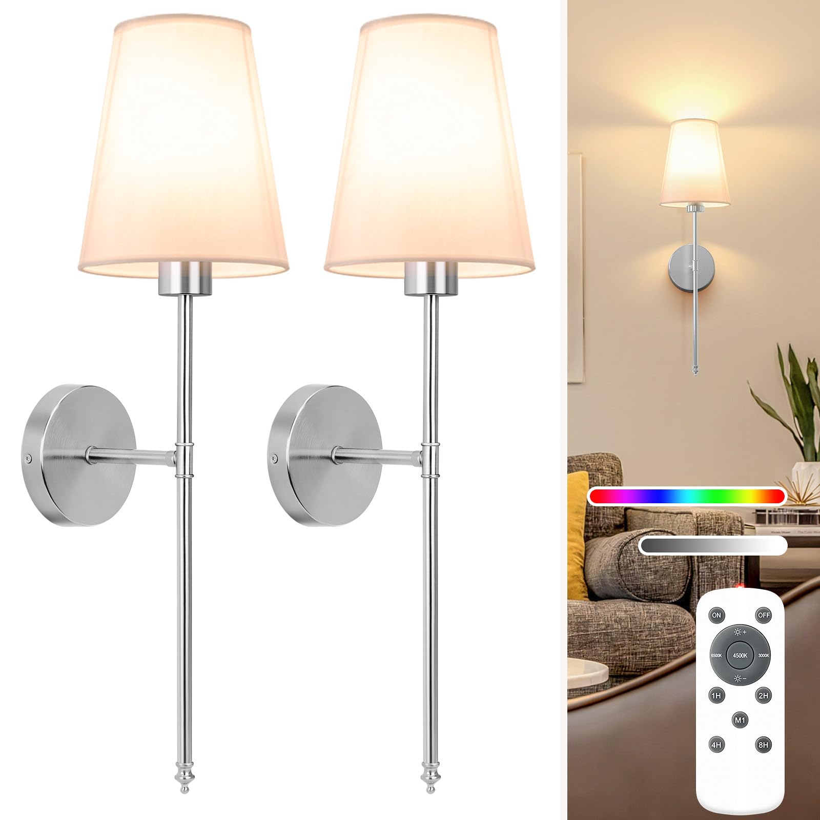 NIORSUN Battery Operated Wall Sconce Set of 2,Black Rechargeable Wall Lights with 5200mAh Dimmable Detachable Bulbs and Remote, 10 Colors Wireless Wall Lamps for Bedroom Living Room Hallway Decor