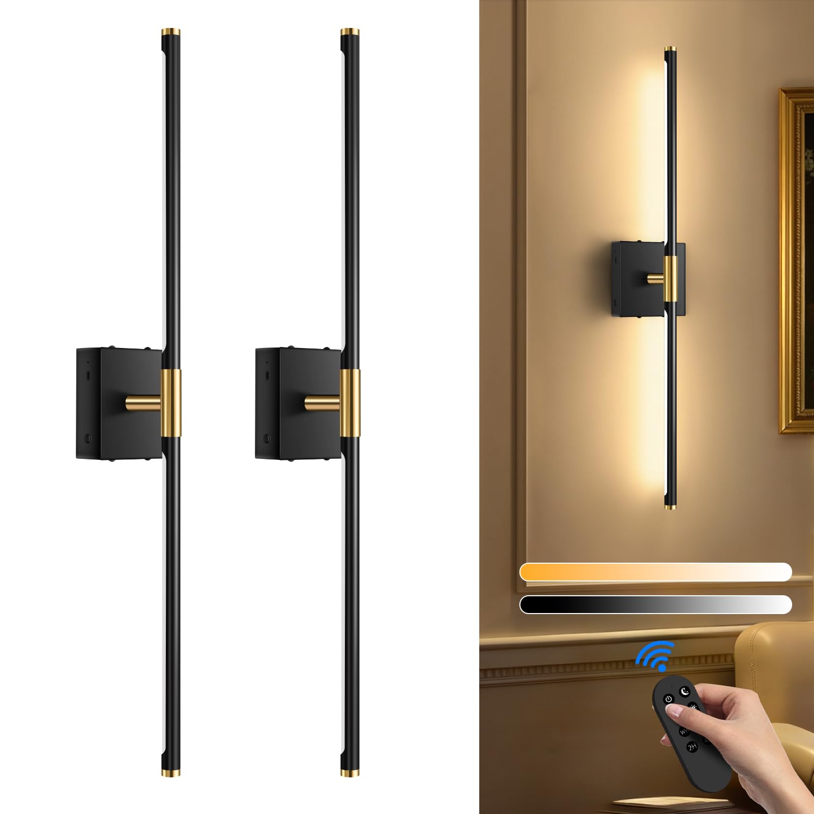 Wall Sconces Set of 2 Battery Operated, Wireless USB Rechargeable Wall Lights with Remote Control, 360° Rotation, 8000mAh LED Dimmable Picture Lamp for Living Room,Bedroom,Hallway (30in Black)