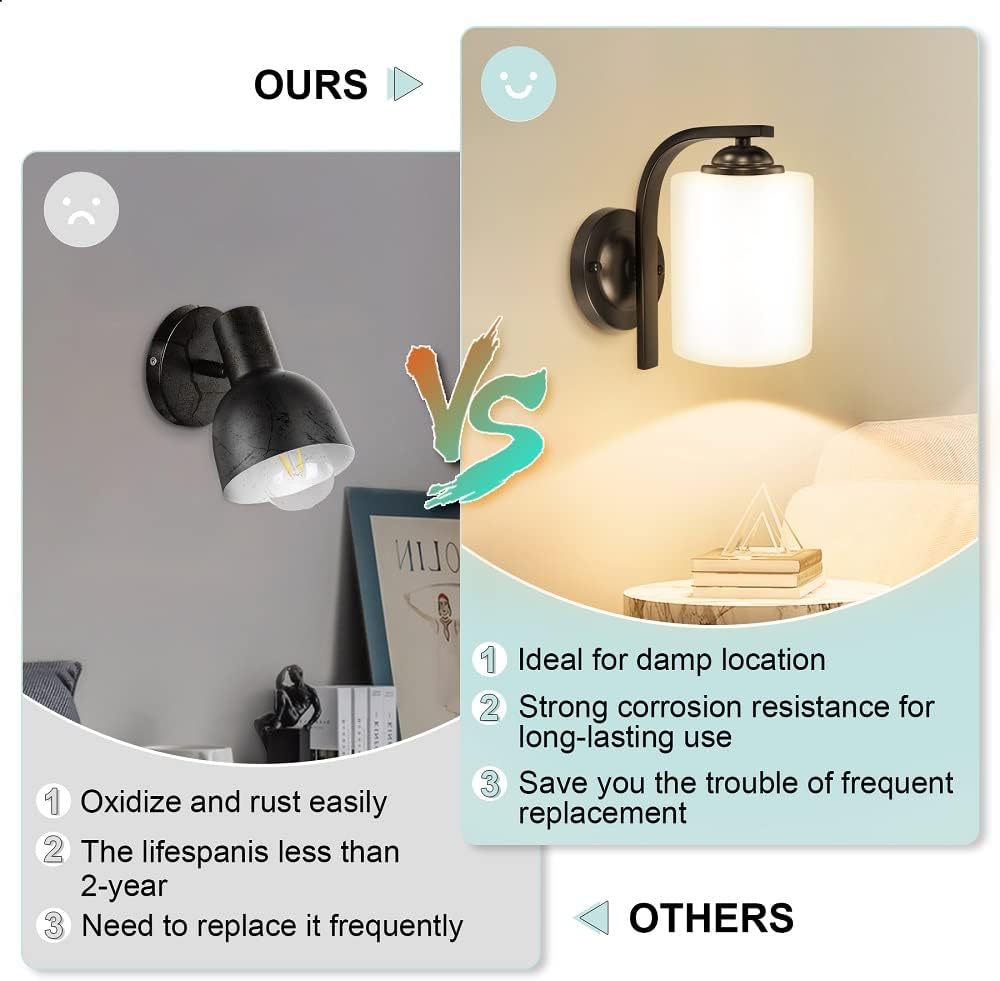 CANMEIJIA Wall Sconce 1 Light, Modern Wall Light Fixture, Bathroom Vanity Lights with Matte Black Wall Lamp for Bedroom Kitchen Hallway Porch, Milky White Glass Shades, E26 Socket, Bulbs Not Included