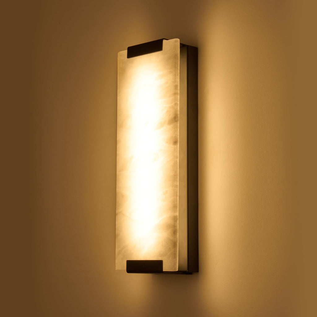 14.2in Alabaster Wall Sconce, Large Natural Marble Wall Light Decor, LED Modern Wall Lamp for Bedroom, Stairs, Living Room, Vanity, Bedside, Hallway （Brushed Bronze 12W）