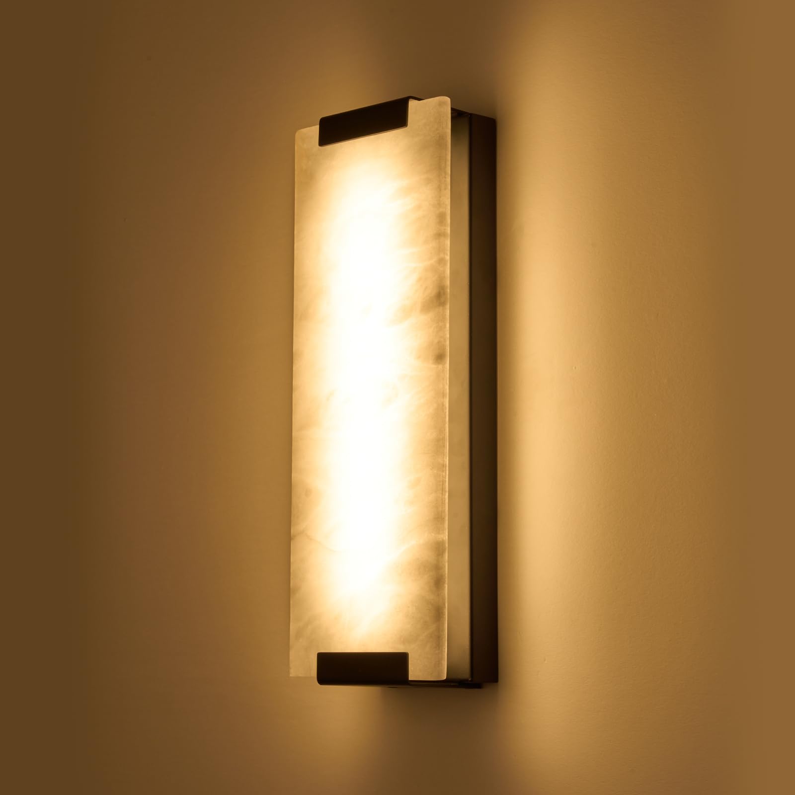 14.2in Alabaster Wall Sconce, Large Natural Marble Wall Light Decor, LED Modern Wall Lamp for Bedroom, Stairs, Living Room, Vanity, Bedside, Hallway （Brushed Bronze 12W）