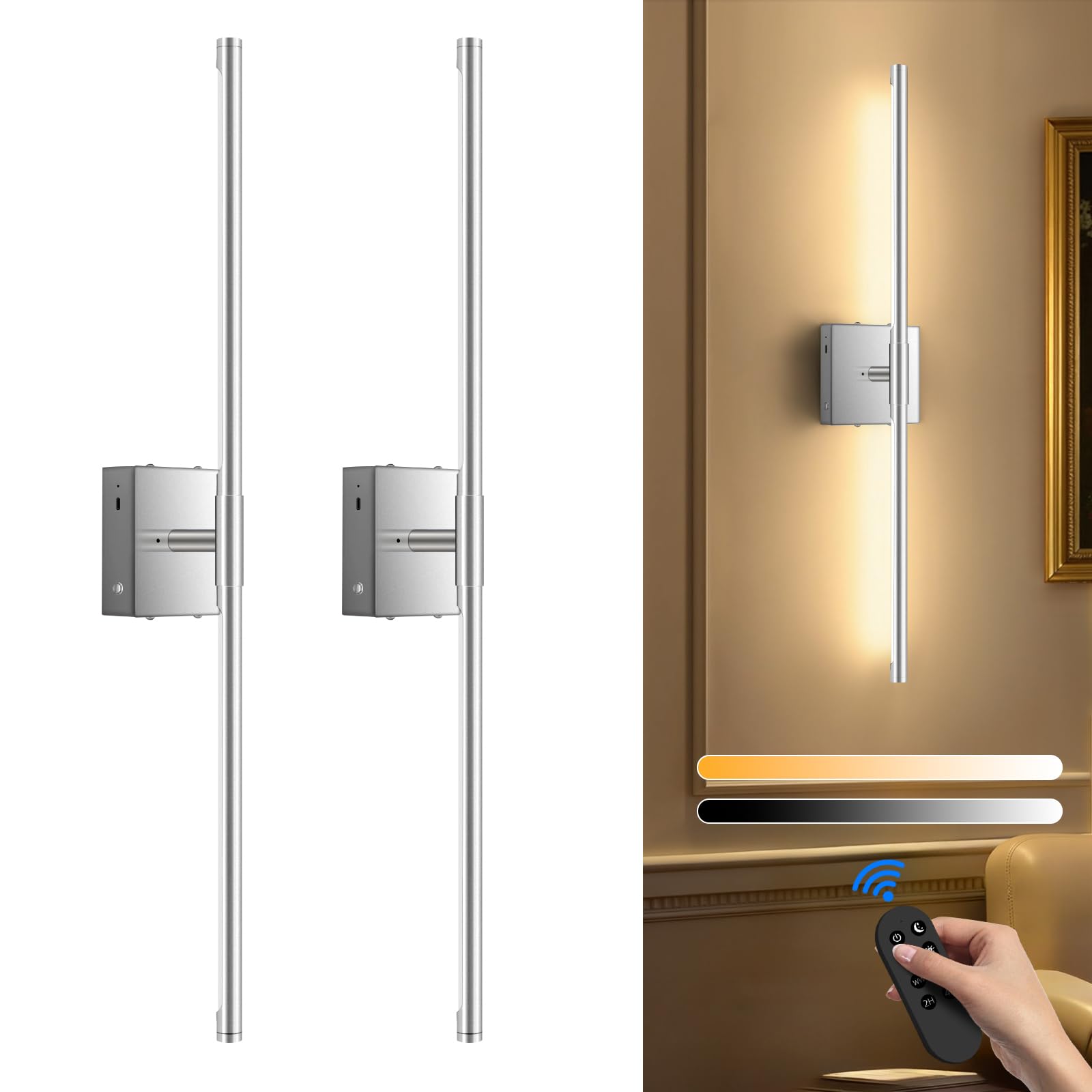 Wall Sconces Set of 2 Battery Operated, Wireless USB Rechargeable Wall Lights with Remote Control, 360° Rotation, 8000mAh LED Dimmable Picture Lamp for Living Room,Bedroom,Hallway (30in Black)