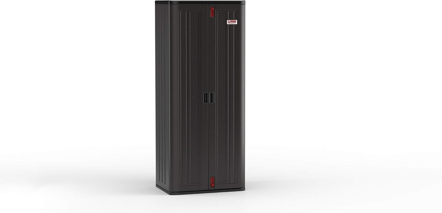 Suncast 19 Cubic Ft. Heavy-Duty Resin Cabinet with Lockable Handles, Multi-Wall Construction, and Metal-Reinforced Shelves for Basement, Utility Room and Garage Storage, Black, Made in the USA