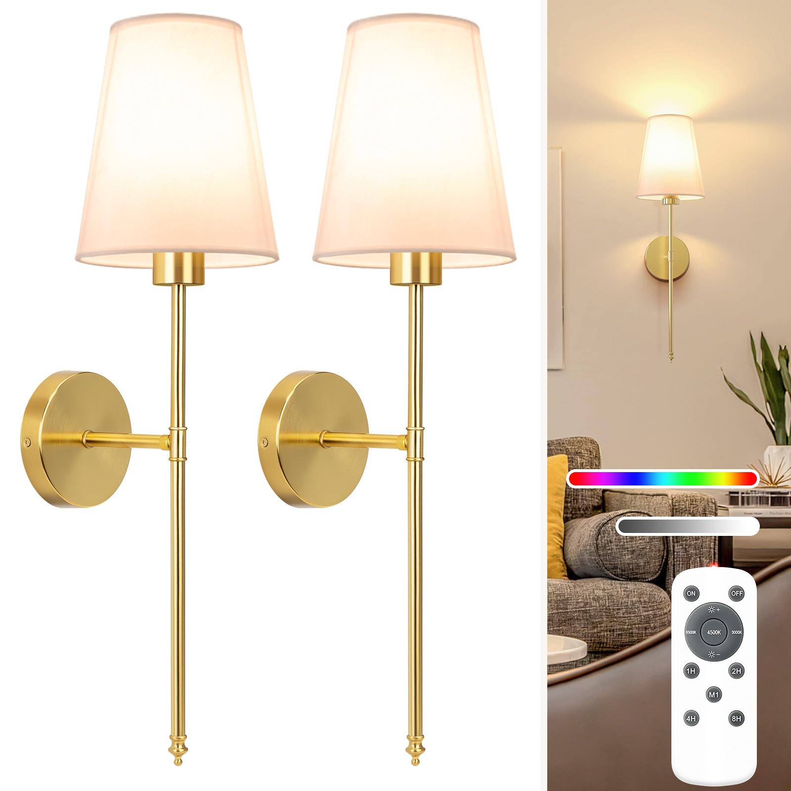 NIORSUN Battery Operated Wall Sconce Set of 2,Black Rechargeable Wall Lights with 5200mAh Dimmable Detachable Bulbs and Remote, 10 Colors Wireless Wall Lamps for Bedroom Living Room Hallway Decor