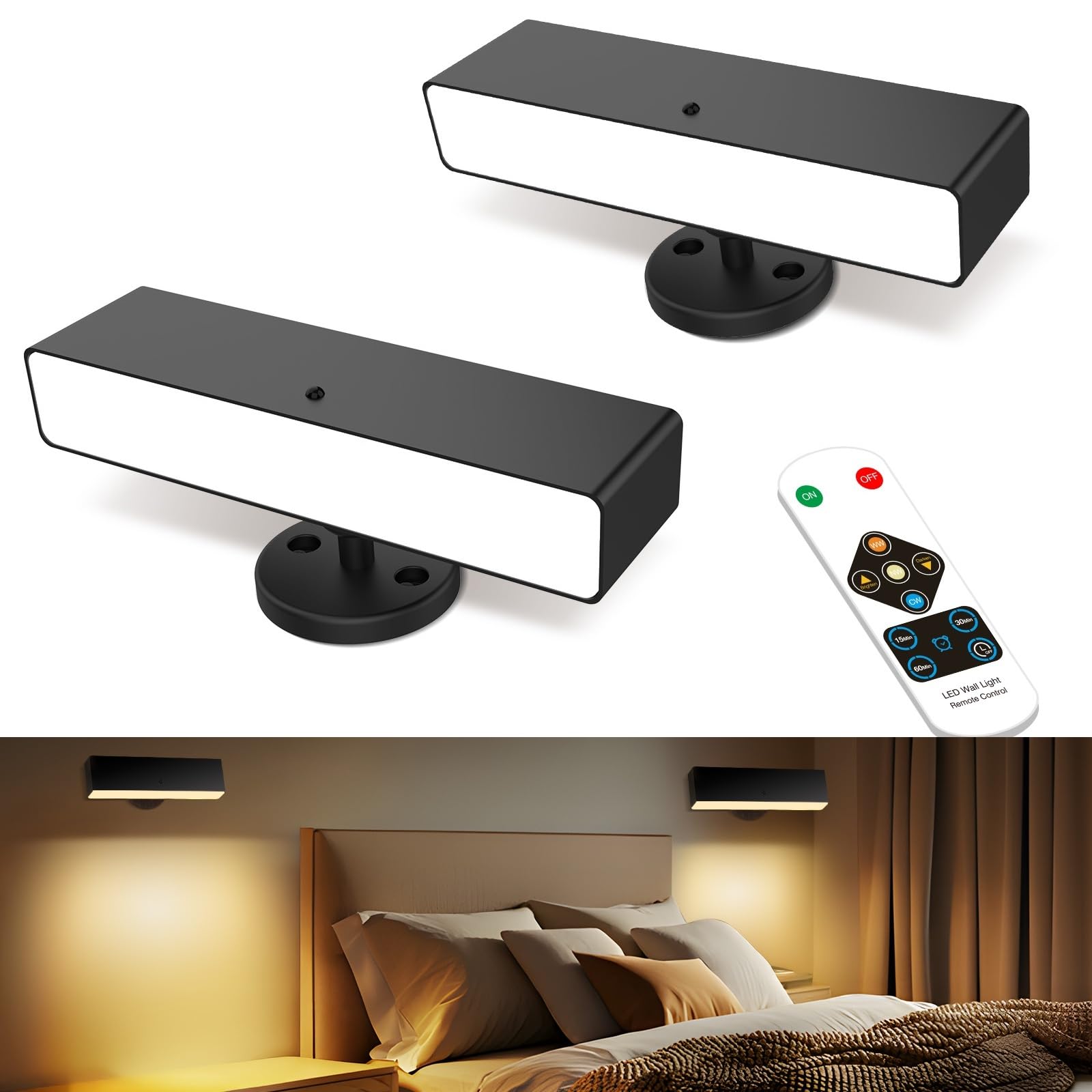 Battery Operated Wall Sconces Set of 2: Wireless Rechargeable Wall Light with Remote&Button, 360° Rotate Magnetic Scone Lighting LED Wall Mount Sconce Lamp for Bedroom Bedside Reading, Wood