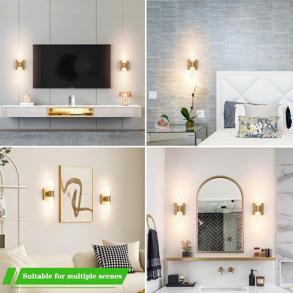 Crystal LED Wall Sconces Set of 2, Brushed Gold Bathroom Light Fixtures, Modern Bathroom Sconce Lights with Wired LED for Bedroom,Living Room,Hallway | Gold Vanity Wall Lighting & Crystal Wall Decor