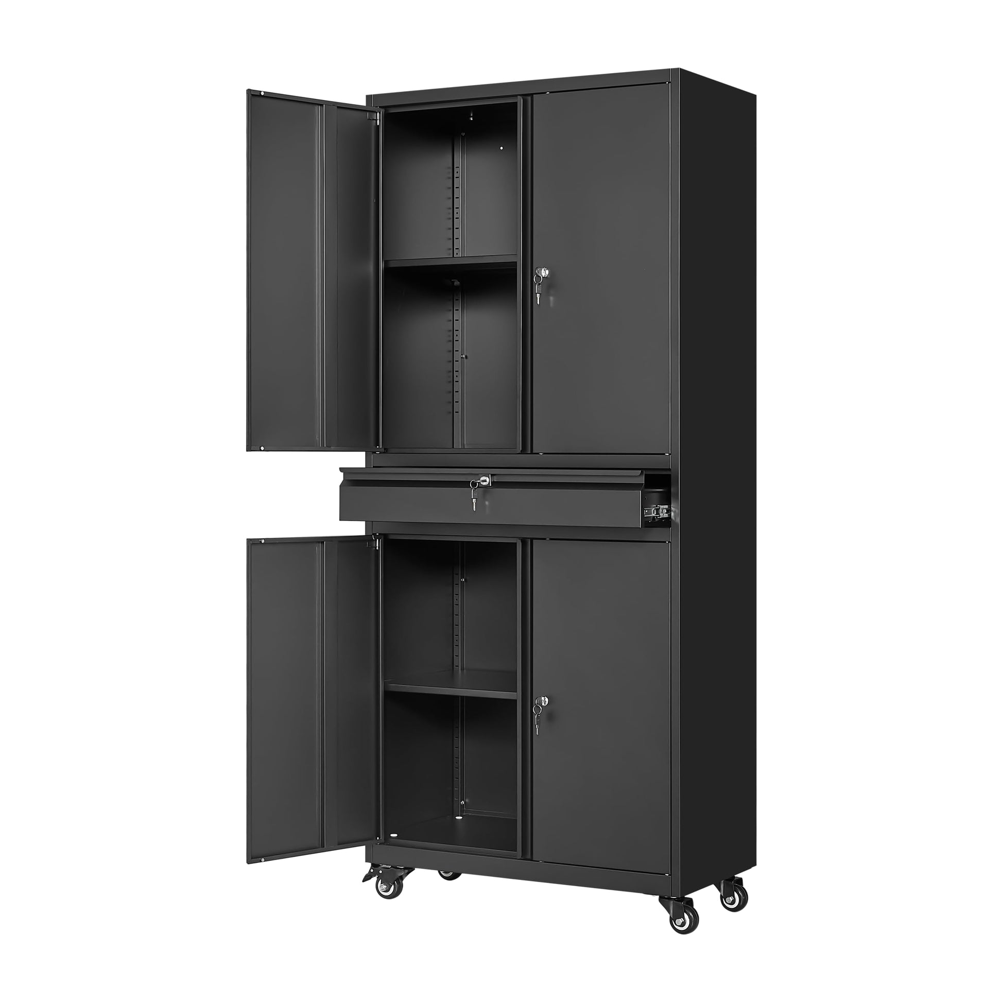 Yizosh Metal Garage Storage Cabinet with Locking Doors and Adjustable Shelves,- 73" Rolling Tool Storage Cabinet with 4 Wheels and 1 Drawer for Garage,Warehouse (Red Black)