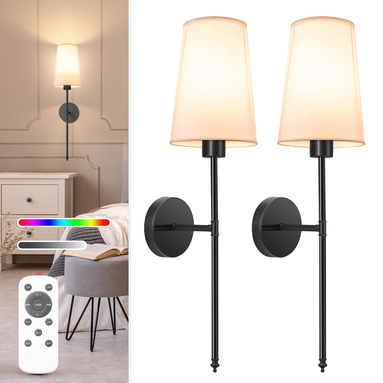NIORSUN Battery Operated Wall Sconce Set of 2,Black Rechargeable Wall Lights with 5200mAh Dimmable Detachable Bulbs and Remote, 10 Colors Wireless Wall Lamps for Bedroom Living Room Hallway Decor