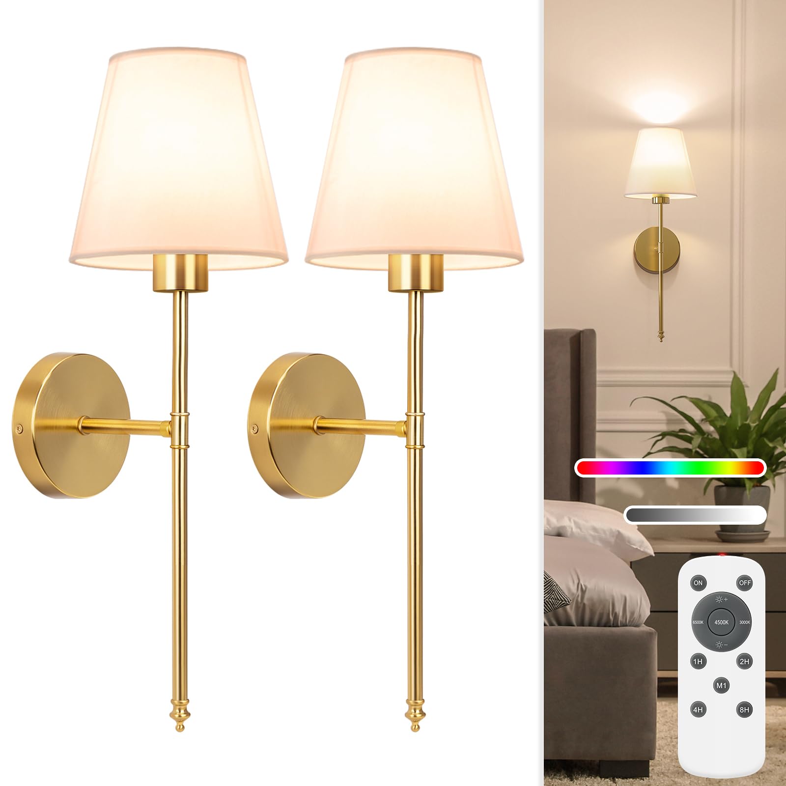 NIORSUN Battery Operated Wall Sconce Set of 2,Black Rechargeable Wall Lights with 5200mAh Dimmable Detachable Bulbs and Remote, 10 Colors Wireless Wall Lamps for Bedroom Living Room Hallway Decor