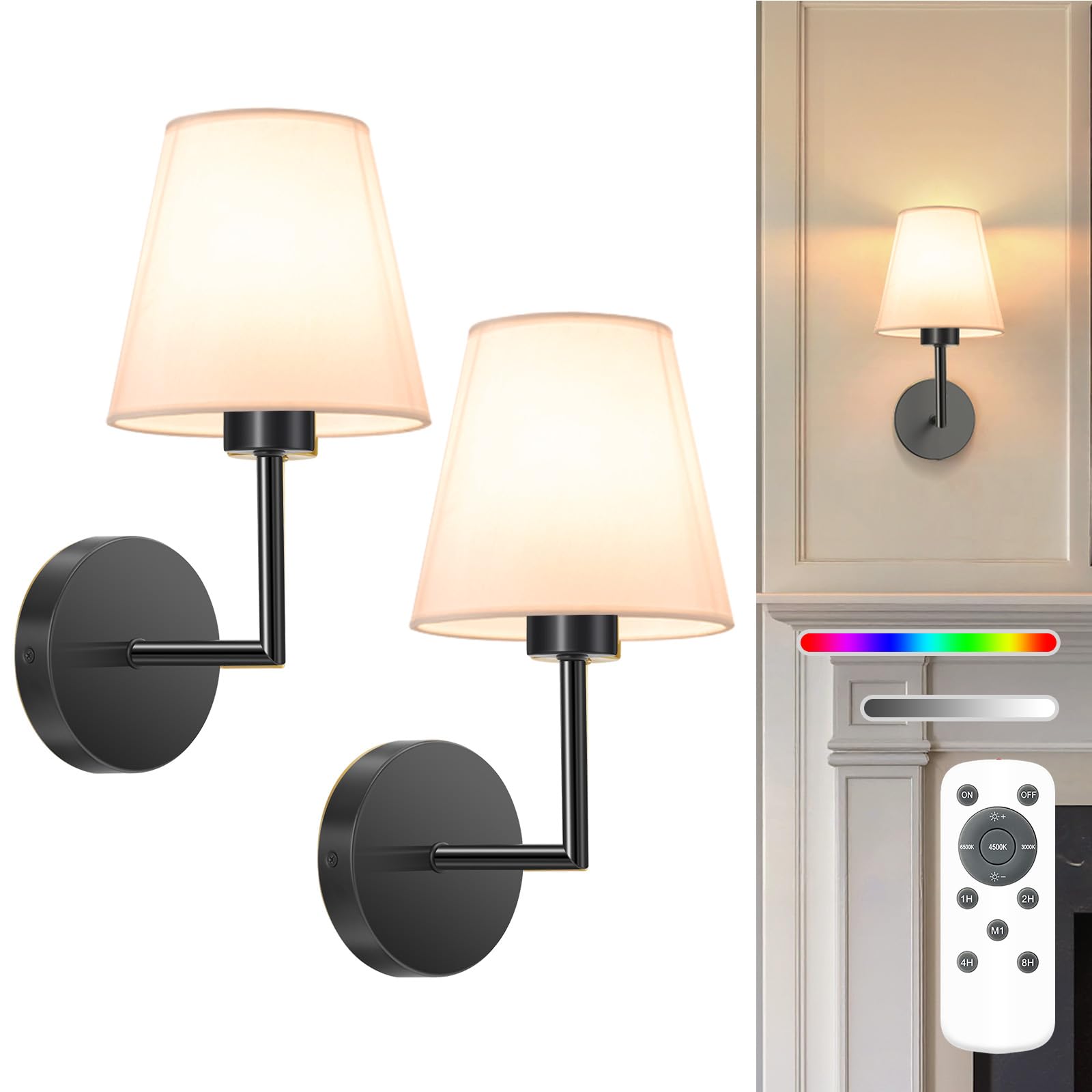 NIORSUN Battery Operated Wall Sconce Set of 2,Black Rechargeable Wall Lights with 5200mAh Dimmable Detachable Bulbs and Remote, 10 Colors Wireless Wall Lamps for Bedroom Living Room Hallway Decor