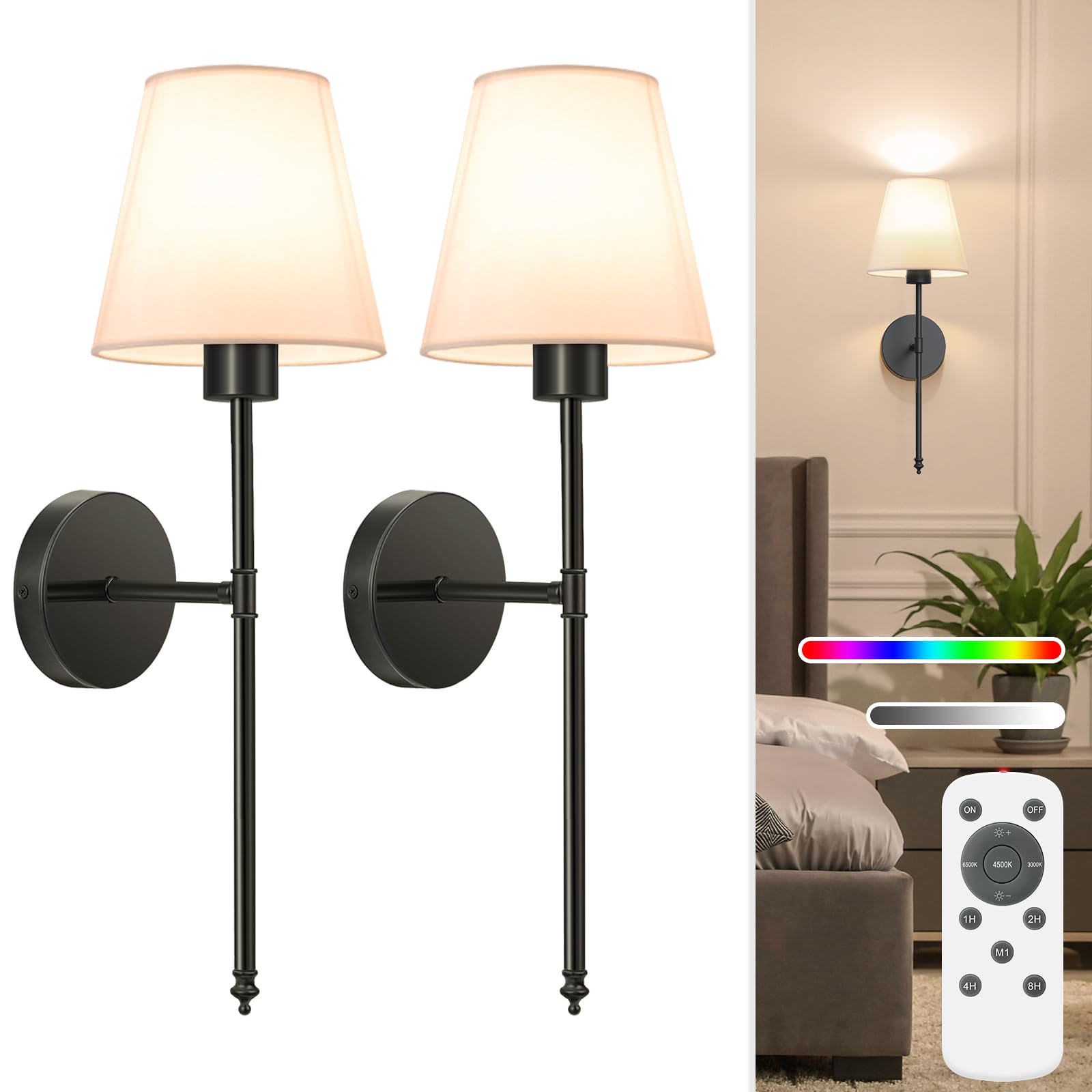 NIORSUN Battery Operated Wall Sconce Set of 2,Black Rechargeable Wall Lights with 5200mAh Dimmable Detachable Bulbs and Remote, 10 Colors Wireless Wall Lamps for Bedroom Living Room Hallway Decor