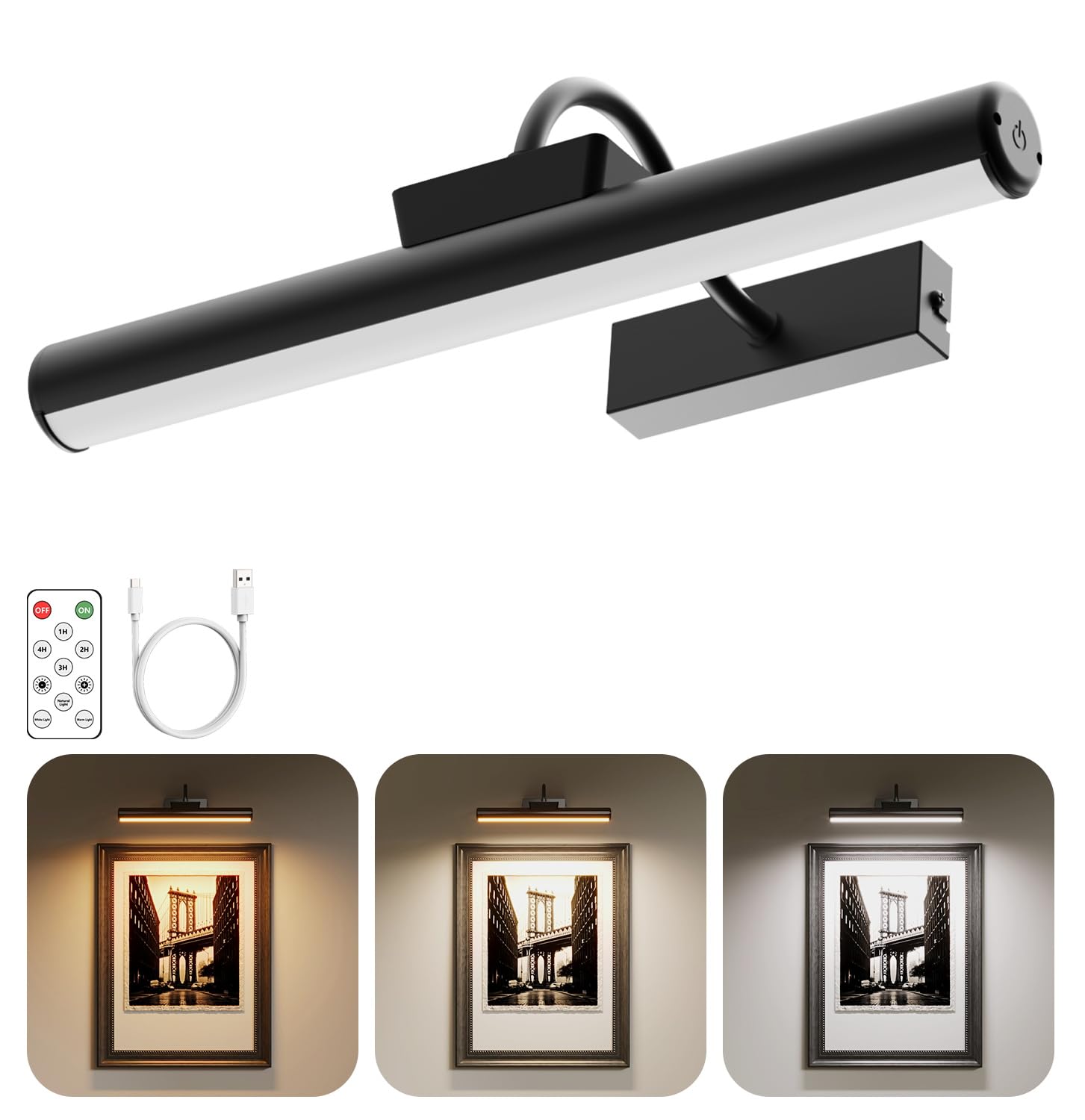 16in Wireless Picture Light with Remote, Battery Operated Picture Lights for Wall 5000mAh, 3 Color Modes and Dimmable LED Art Lighting with Timer for Painting, Frame, Gallery, Bedroom (Black-2Pack)