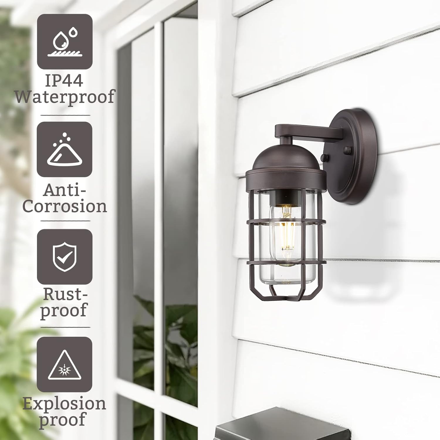 Emliviar Farmhouse Outdoor Wall Sconces, 2 Pack Vintage Exterior Light Fixtures with Nautical Metal Cage and Tempered Glass, Oil Rubbed Bronze Finish, GE255B-2PK ORB