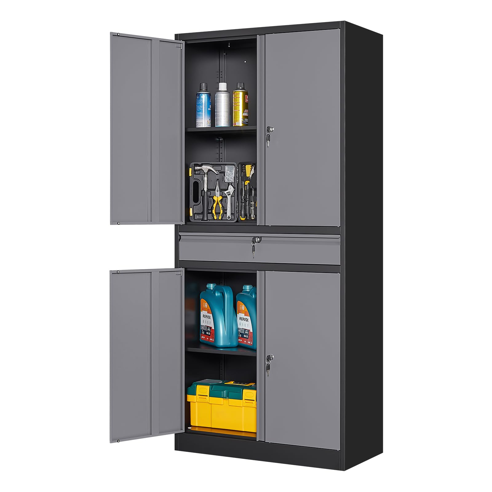 Yizosh Metal Garage Storage Cabinet with Locking Doors and Adjustable Shelves,- 73" Rolling Tool Storage Cabinet with 4 Wheels and 1 Drawer for Garage,Warehouse (Red Black)