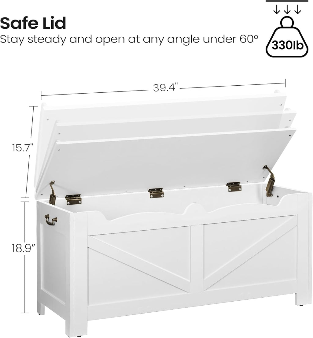 39.4" Storage Chest, Extra Large Storage Trunk with 2 Safety Hinges, Wooden Box Bench, Lift-Top Organizer Chest, Shoe Bench for Entryway, Bedroom, Living Room, White SB04503X