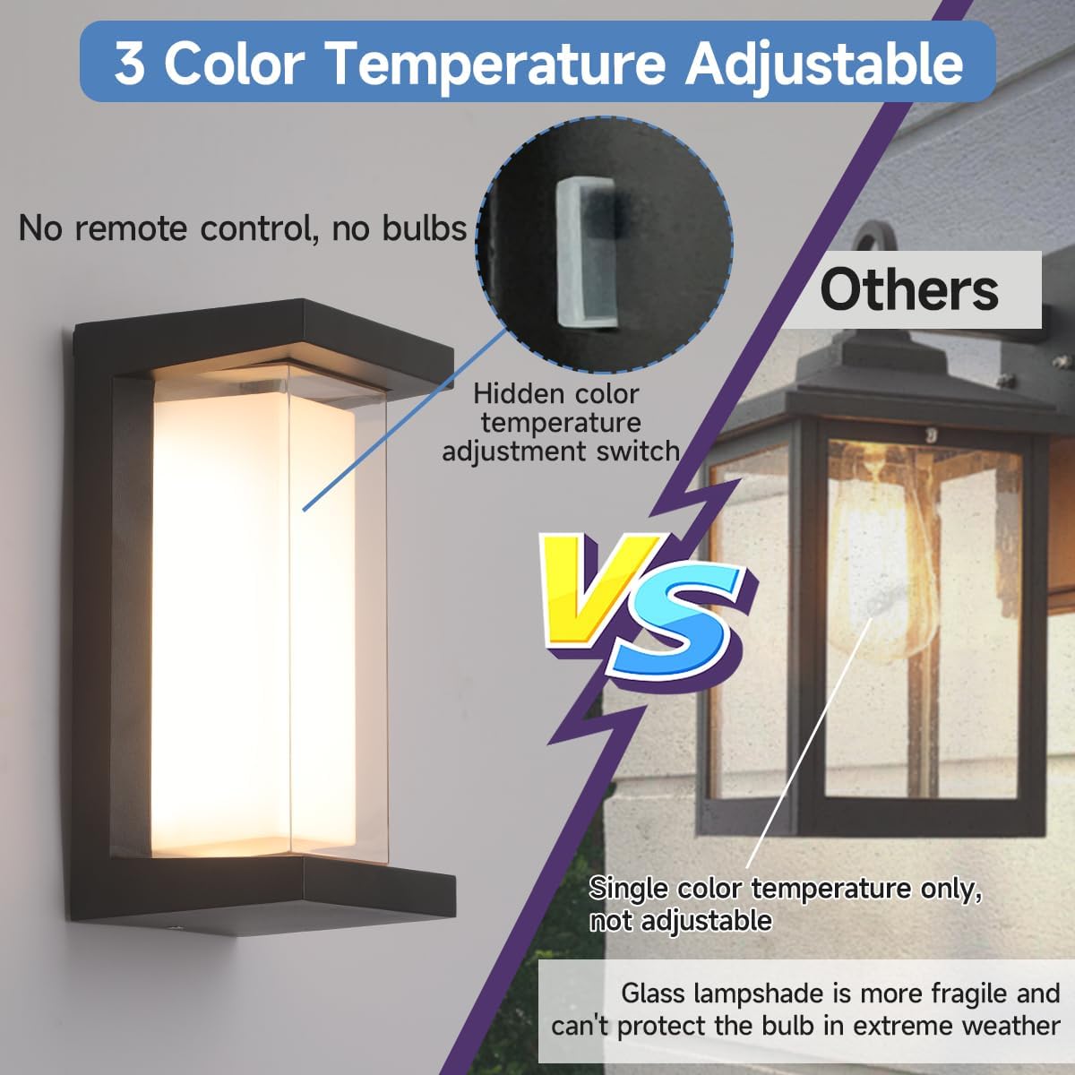 24W Modern Outdoor Wall Sconce Light 3 Color 3000K/4000K/6500K Matte Black Outdoor Wall Lights Exterior Porch Lights Indoor Wall Sconce(10.2inch-1 Pack)