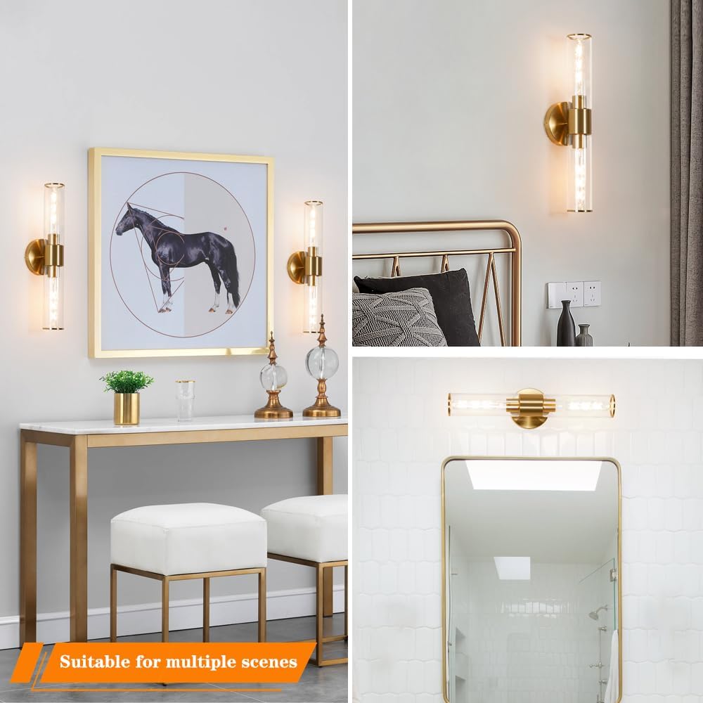 Gold Wall Sconces Set of 2, Hardwired Bathroom Vanity Light Fixture, Brass Sconce Wall Lighting, Modern Wall Light Set of Two, Cylinder Lamp for Bathroom Mirror Hallway Bedroom (Bulbs Required)