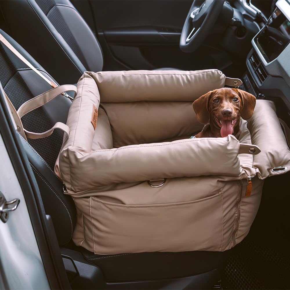 FUNNYFUZZY Leather Dog Car Seat for Small ＆ Medium Sized Dogs Up to 35lbs, Waterproof and Washable Dog Booster Seat Car Bed for Travel and Home,Portable and Safety(Green)