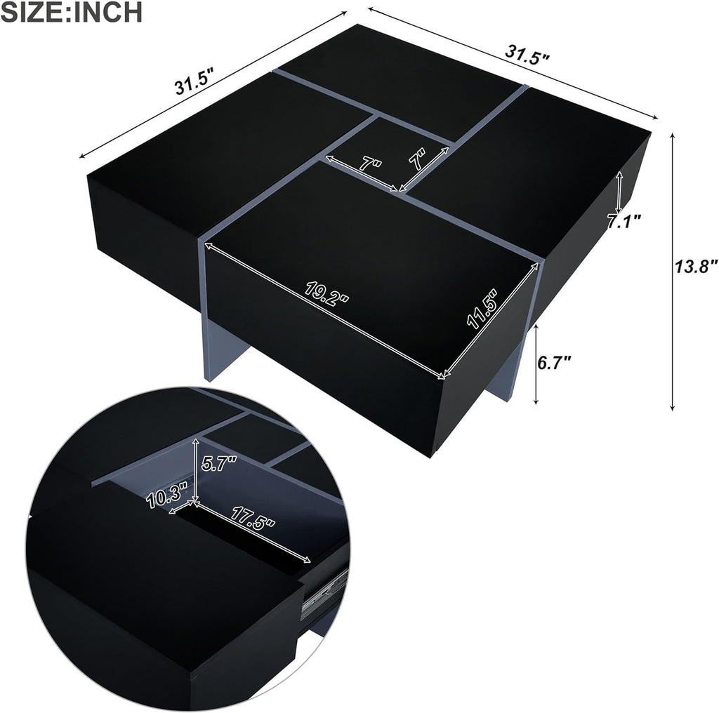 ON-TREND Unique Design Coffee Table with 4 Hidden Storage Compartments, Square Cocktail Table with Extendable Sliding Tabletop, UV High-gloss Design Center Table for Living Room, 31.5"x 31.5"