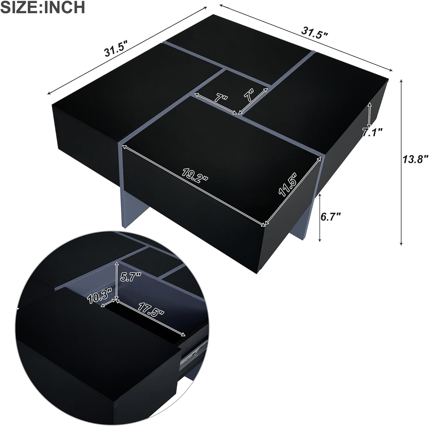 ON-TREND Unique Design Coffee Table with 4 Hidden Storage Compartments, Square Cocktail Table with Extendable Sliding Tabletop, UV High-gloss Design Center Table for Living Room, 31.5"x 31.5"