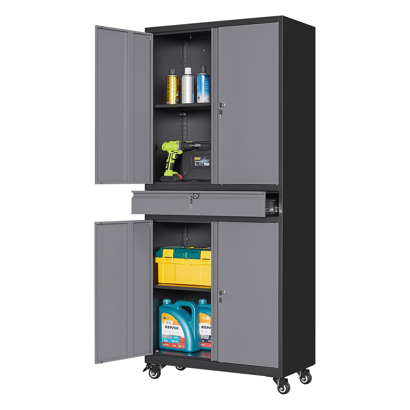 Yizosh Metal Garage Storage Cabinet with Locking Doors and Adjustable Shelves,- 73" Rolling Tool Storage Cabinet with 4 Wheels and 1 Drawer for Garage,Warehouse (Red Black)