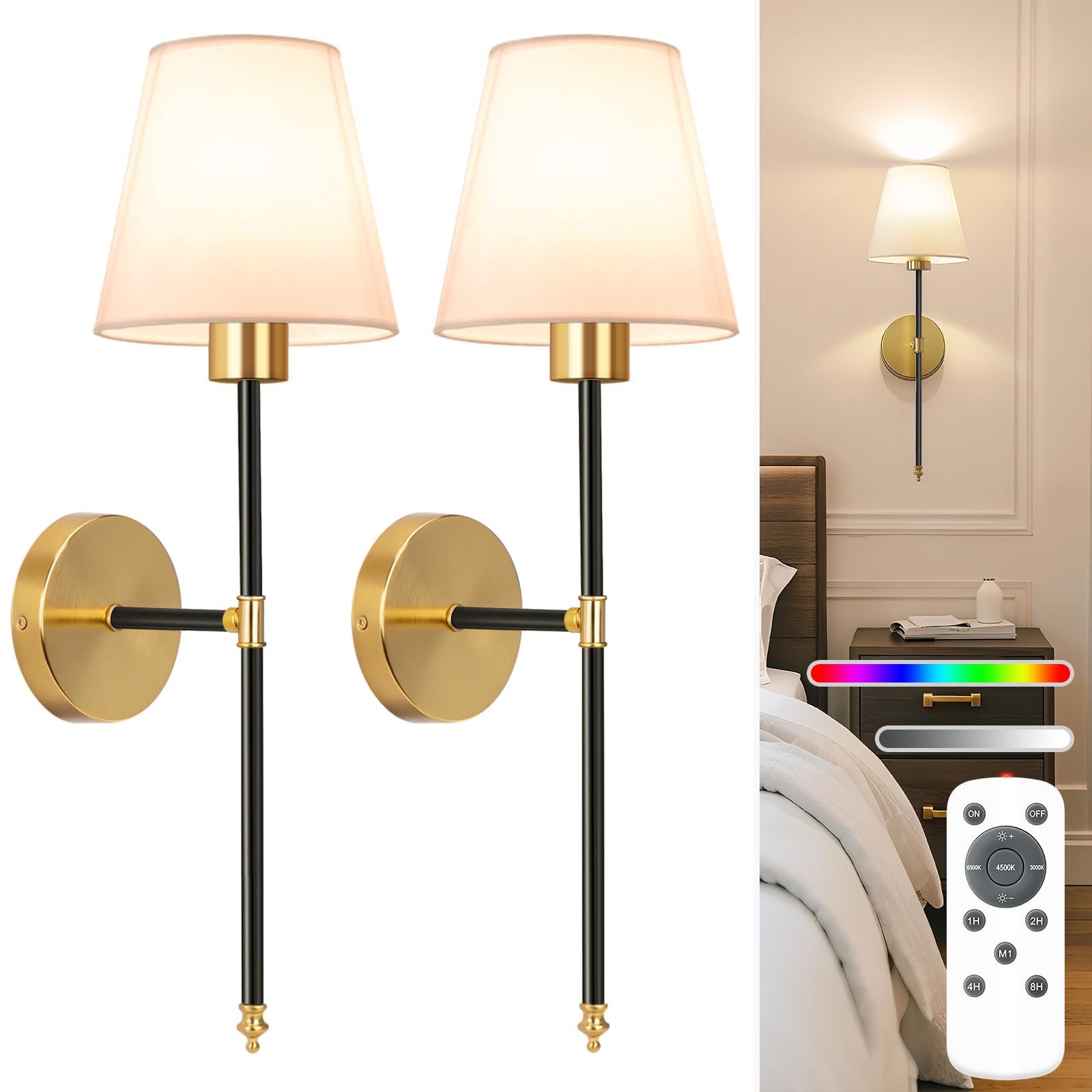 NIORSUN Battery Operated Wall Sconce Set of 2,Black Rechargeable Wall Lights with 5200mAh Dimmable Detachable Bulbs and Remote, 10 Colors Wireless Wall Lamps for Bedroom Living Room Hallway Decor