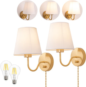 Adust Plug in Wall Sconces Set of Two with Plug in Cord Dimmable LED Bulbs, Brass Wall Sconces Antique Brass Farmhouse Wall Lamps Decor with Switch Cord for Living Room, Bedroom, Bulb Included