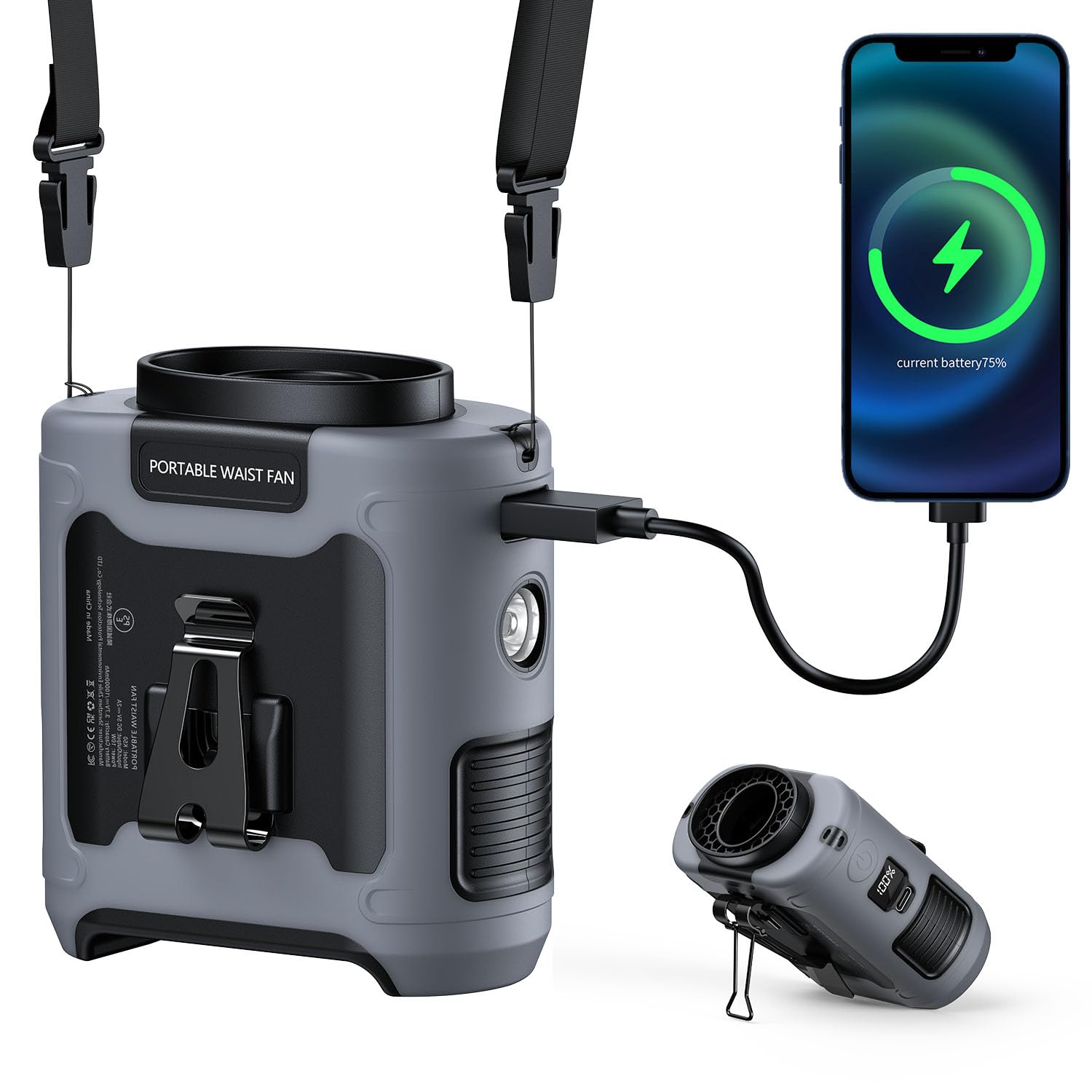 10000mAh Portable Waist Clip on Fan Wearable Belt Personal Cooling Shirt Fan Rechargeable with 5 Speeds Flashlight Neck Fan Hand-Free Last for 40H for Outdoor Camping Office Travel (Green)