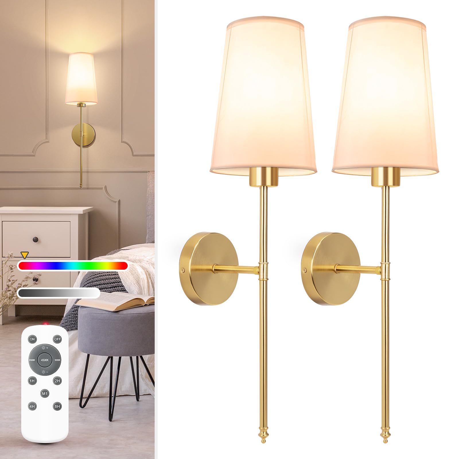 NIORSUN Battery Operated Wall Sconce Set of 2,Black Rechargeable Wall Lights with 5200mAh Dimmable Detachable Bulbs and Remote, 10 Colors Wireless Wall Lamps for Bedroom Living Room Hallway Decor