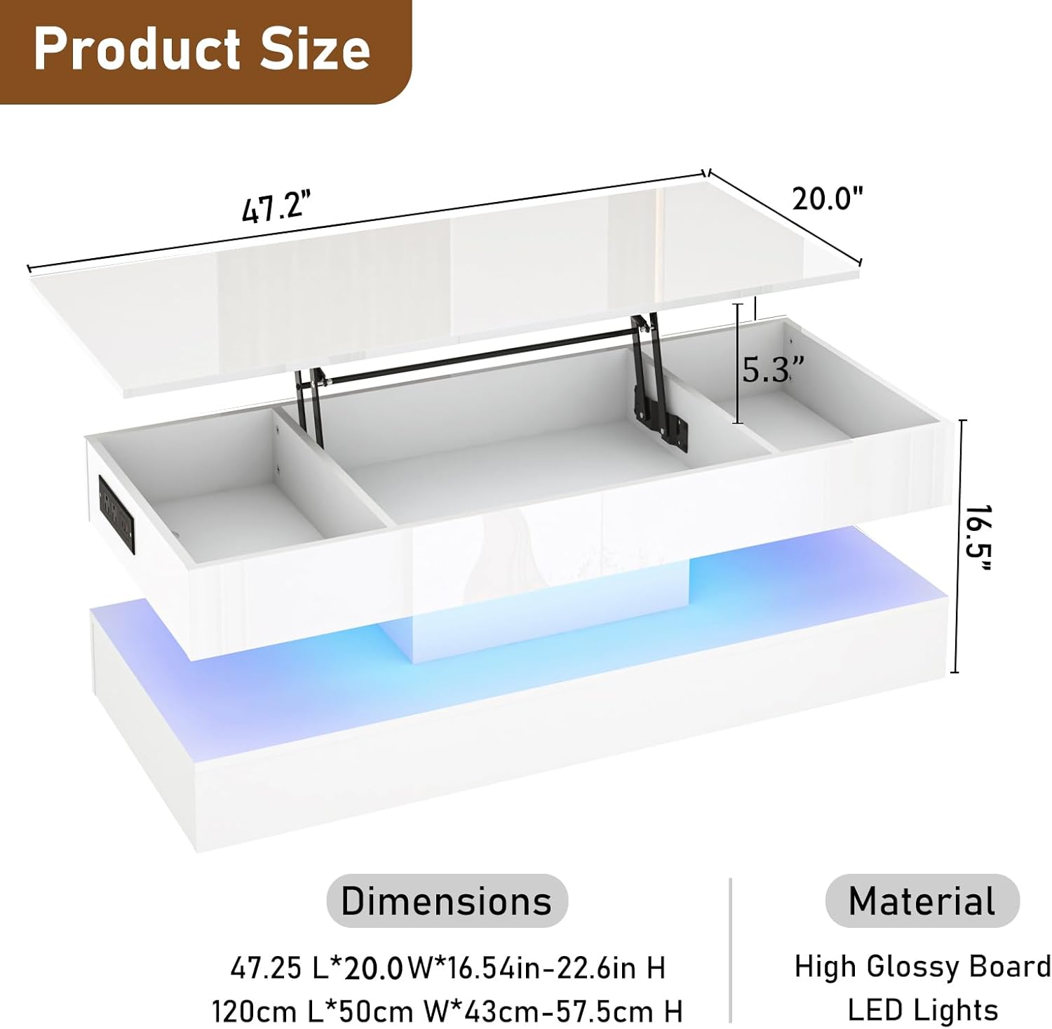 47.2" Large Lift Top Coffee Table,Modern High Glossy LED Coffee Tables for Living Room with Storage Drawer,White Living Room Tables for Livingroom,Dining Room,Bedroom Home Office(White)