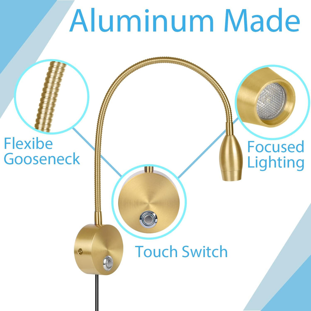 Adust Bedside Reading Light, Bedroom Reading Lamp, 3W LED Touch Dimmable Brightness Minimalist Wall Headboard Reading Lamp, Adjustable Colour Temperature, 3000k, 4000k, 6000k (Gold (2-Pack))