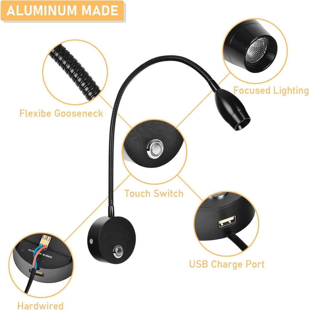 Adust Wall Mounted Reading Light Set, Wall Reading Light, Bed Headboard Reading Light Dimmable Touch Control, USB Output, 3 Color Temperature (Black 1-Pack)