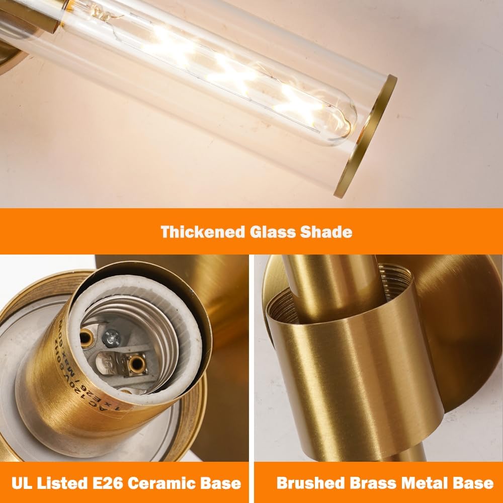 Gold Wall Sconces Set of 2, Hardwired Bathroom Vanity Light Fixture, Brass Sconce Wall Lighting, Modern Wall Light Set of Two, Cylinder Lamp for Bathroom Mirror Hallway Bedroom (Bulbs Required)