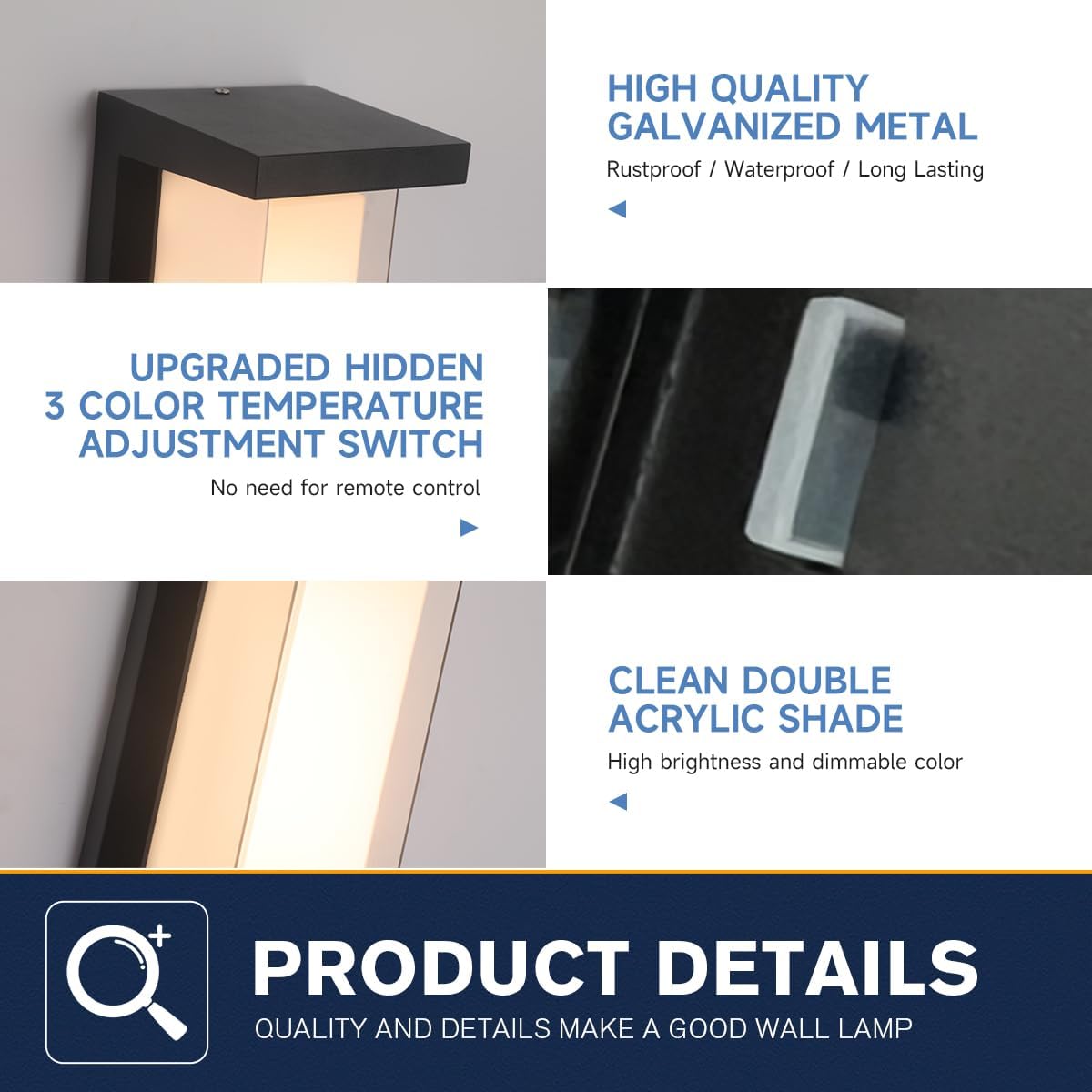 24W Modern Outdoor Wall Sconce Light 3 Color 3000K/4000K/6500K Matte Black Outdoor Wall Lights Exterior Porch Lights Indoor Wall Sconce(10.2inch-1 Pack)