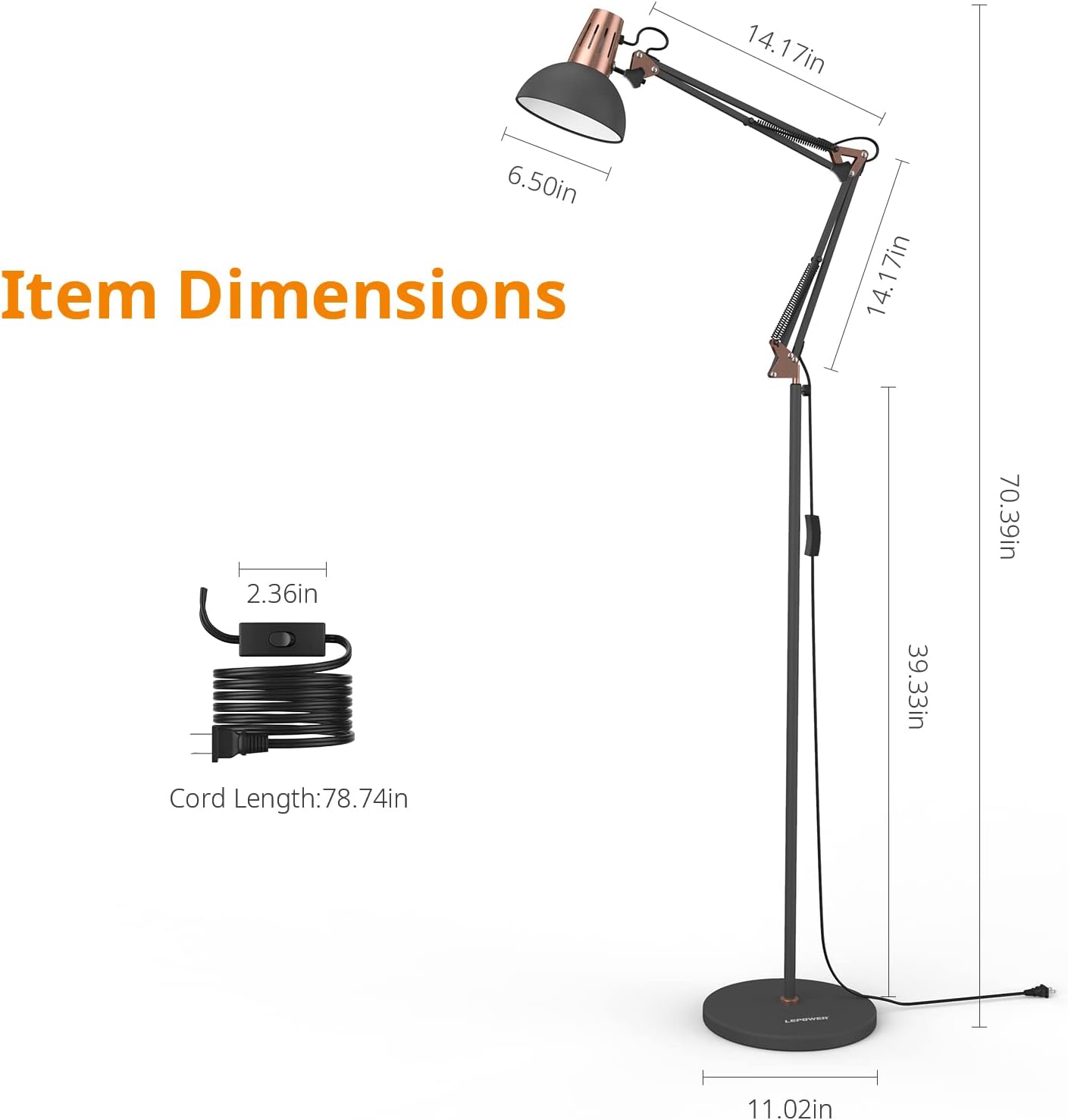 LEPOWER Floor Lamp, Metal Adjustable Reading Swing Arm Standing Lamp with Heavy Metal Base, Eye-Caring Reading/Pole Lamp with On/Off Switch for Living Room, Bedroom, Office Sand Black