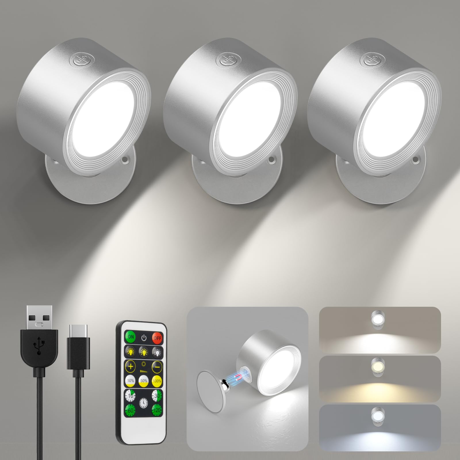 LED Wall Mounted Lights 3 Pcs with Remote, Wall Sconces Lamp 3000mAh Rechargeable Battery Operated, 3 Color Temperatures & Dimmable Magnetic 360° Rotation Cordless Light for Bedroom Bedside