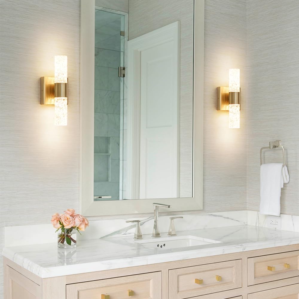 Crystal LED Wall Sconces Set of 2, Brushed Gold Bathroom Light Fixtures, Modern Bathroom Sconce Lights with Wired LED for Bedroom,Living Room,Hallway | Gold Vanity Wall Lighting & Crystal Wall Decor