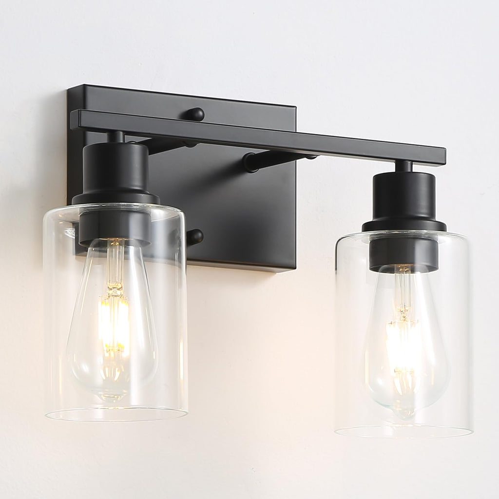 Hallway Wall Sconces Set of 2,Farmhouse Modern Wall Lights Bathroom Matte Black Vanity Lights fixtures with Glass Shade, Hallway Wall Lights for Bedroom,Living Room