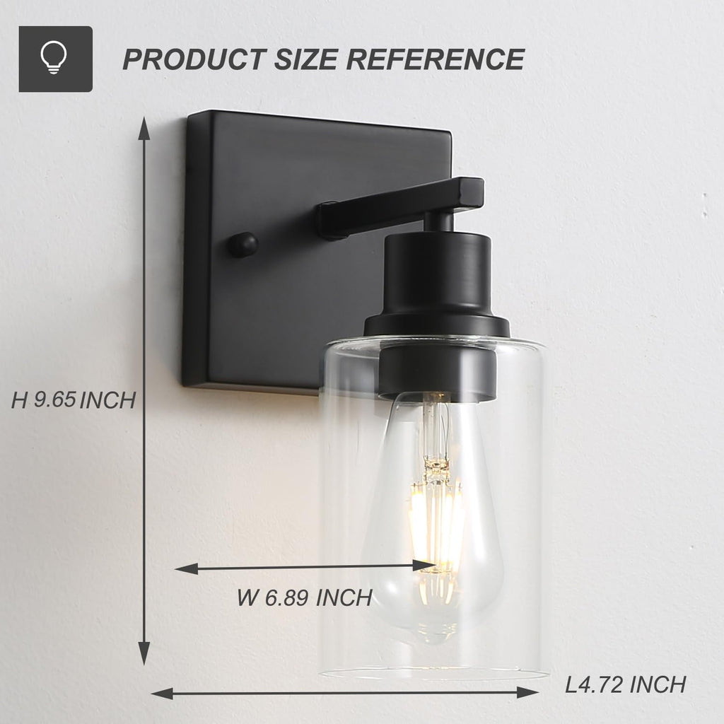 Hallway Wall Sconces Set of 2,Farmhouse Modern Wall Lights Bathroom Matte Black Vanity Lights fixtures with Glass Shade, Hallway Wall Lights for Bedroom,Living Room