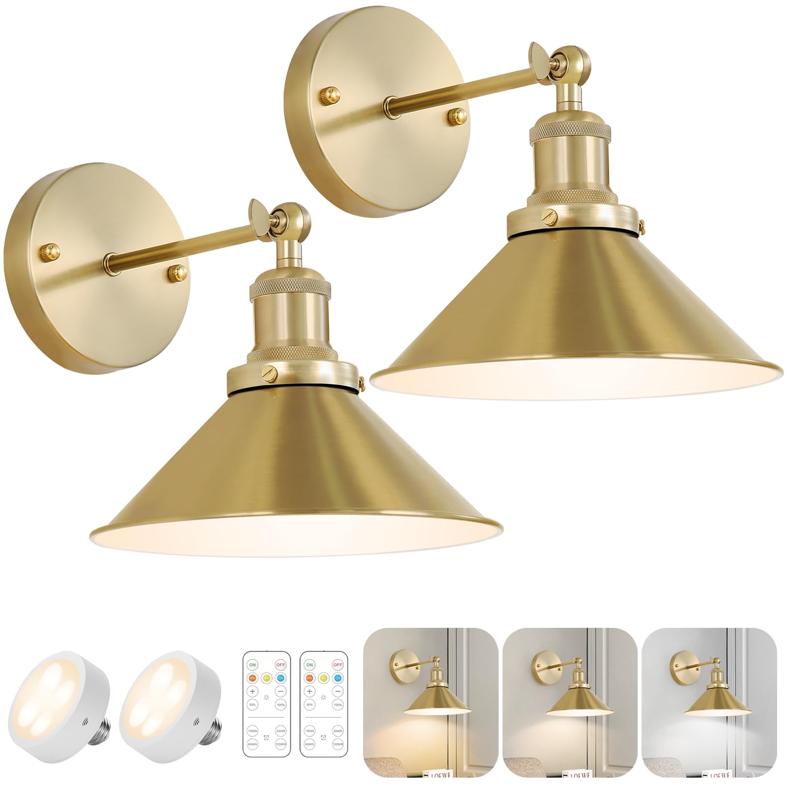 Black Vintage Wireless Battery Operated Wall Sconces, Industrial Cordless Battery Powered Led Wall Lights Set of 2, Wall Lamp Fixture Indoor with Remote Control for Bedroom Farmhouse Gallery