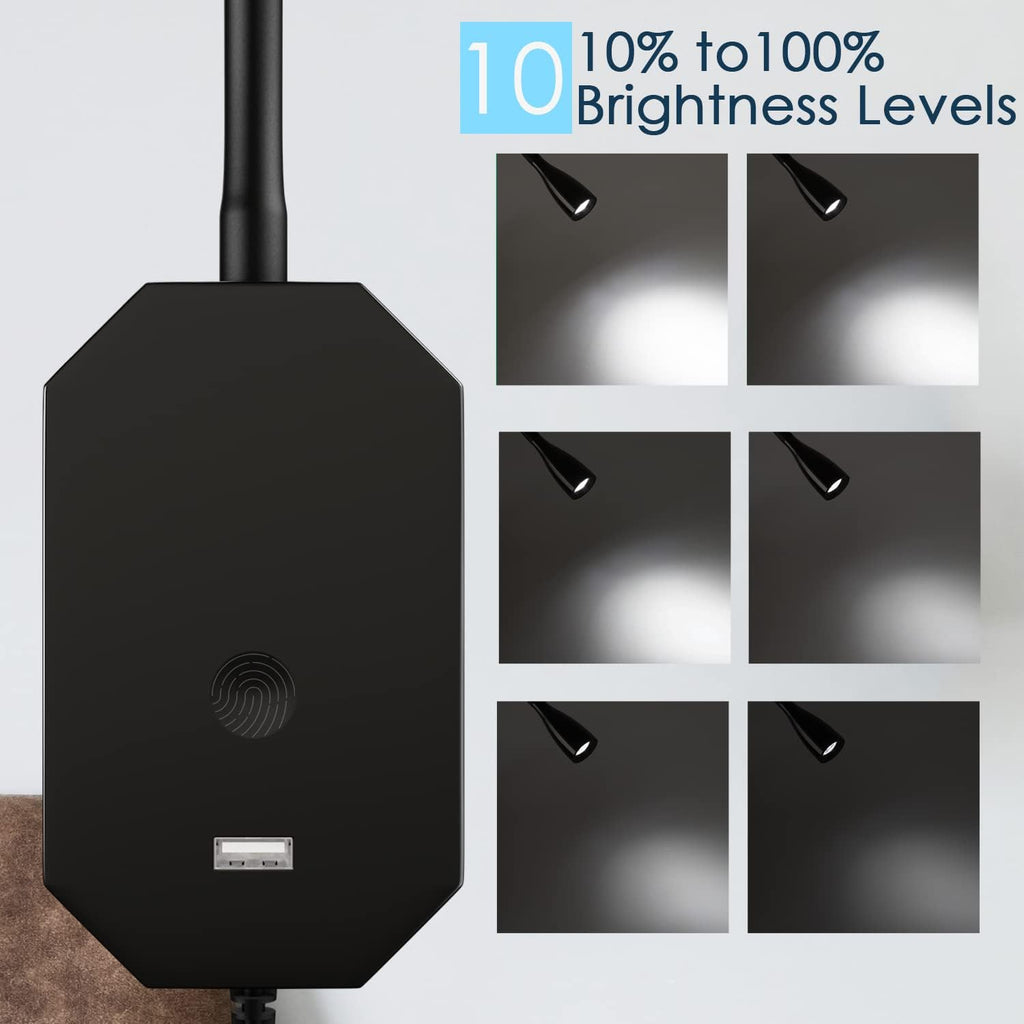 Adust Wall Mounted Reading Light for Bedside Bed Headboard, Touch Dimmable, 3 Color Temperature with USB Port, Gooseneck, Plug-in & No-Drilling Attach, 3000k, 4000k,6000k