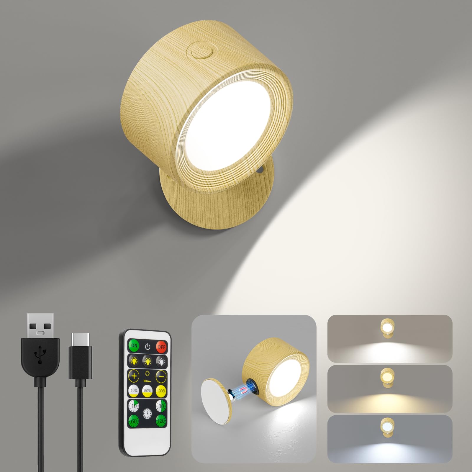 LED Wall Mounted Lights 3 Pcs with Remote, Wall Sconces Lamp 3000mAh Rechargeable Battery Operated, 3 Color Temperatures & Dimmable Magnetic 360° Rotation Cordless Light for Bedroom Bedside