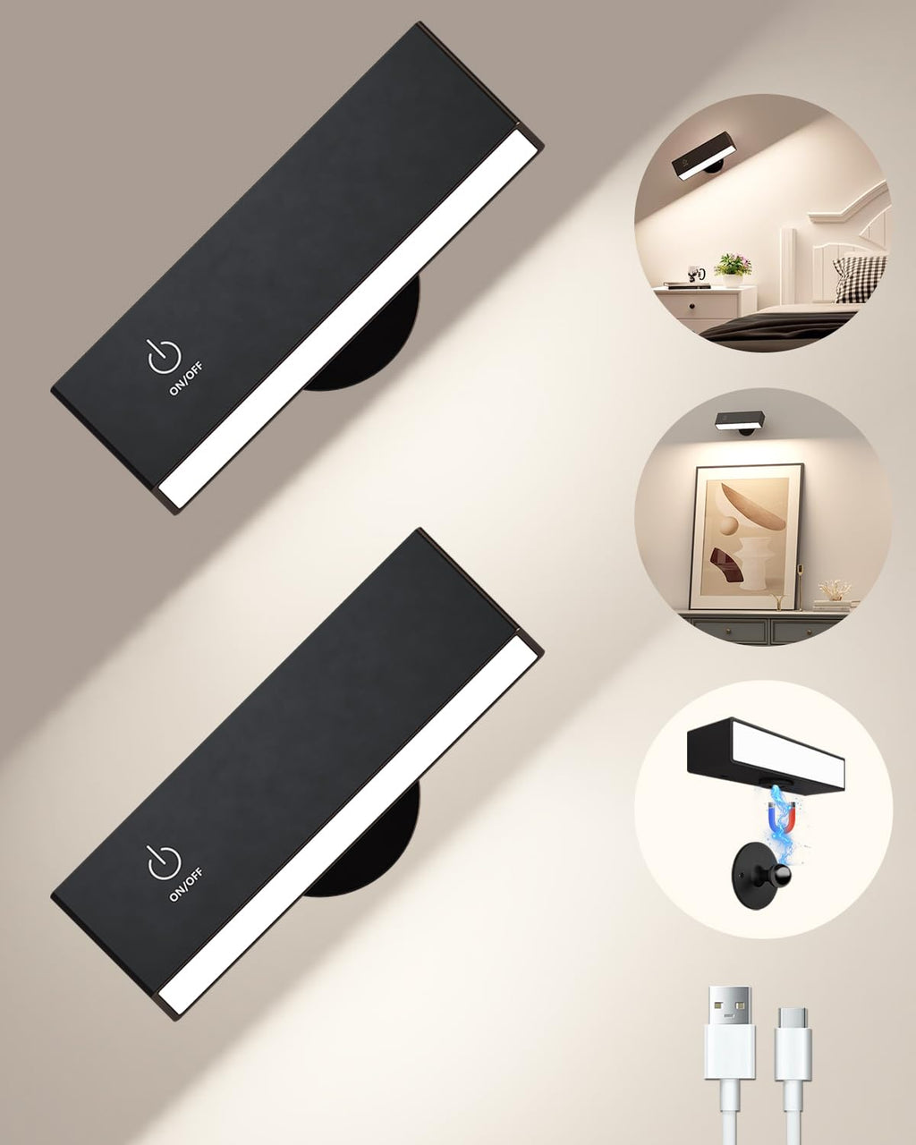 Rechargeable Magnetic Wall Sconce with Remote, Battery Operated Wall Light, Black Wireless Wall Sconce, Black Wall Lamps for Bedroom, Bedside, Kitchen, Cabinet, Living Room, Picture