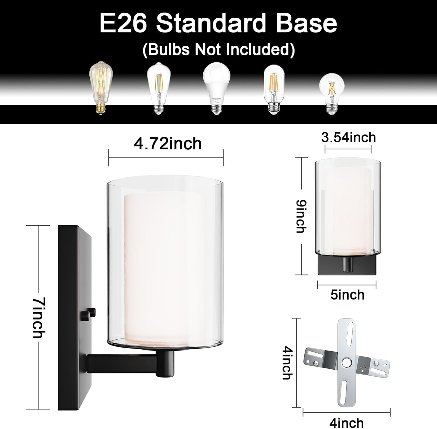 Wall Sconces Set of 2 Modern Vanity Lights with Double Clear Glass Shade Matte Black Indoor Farmhouse Wall Lights for Bathroom Living Room Bedroom Hallway Bulb E26 Base (Bulbs Not Included)
